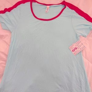 Lularoe Classic T in minty blue with pink color block sleeves